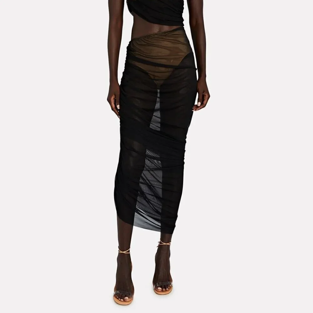 Norma Kamali Diana Ruched Mesh Maxi Skirt Black Nude - Picture 1 of 9